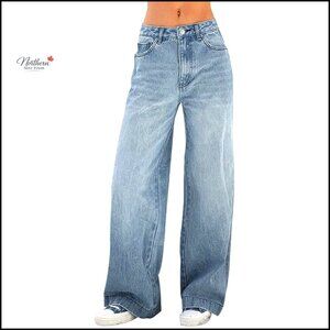 Wide Leg Jeans Mid-High Waisted Stretchy Straight Leg Size M